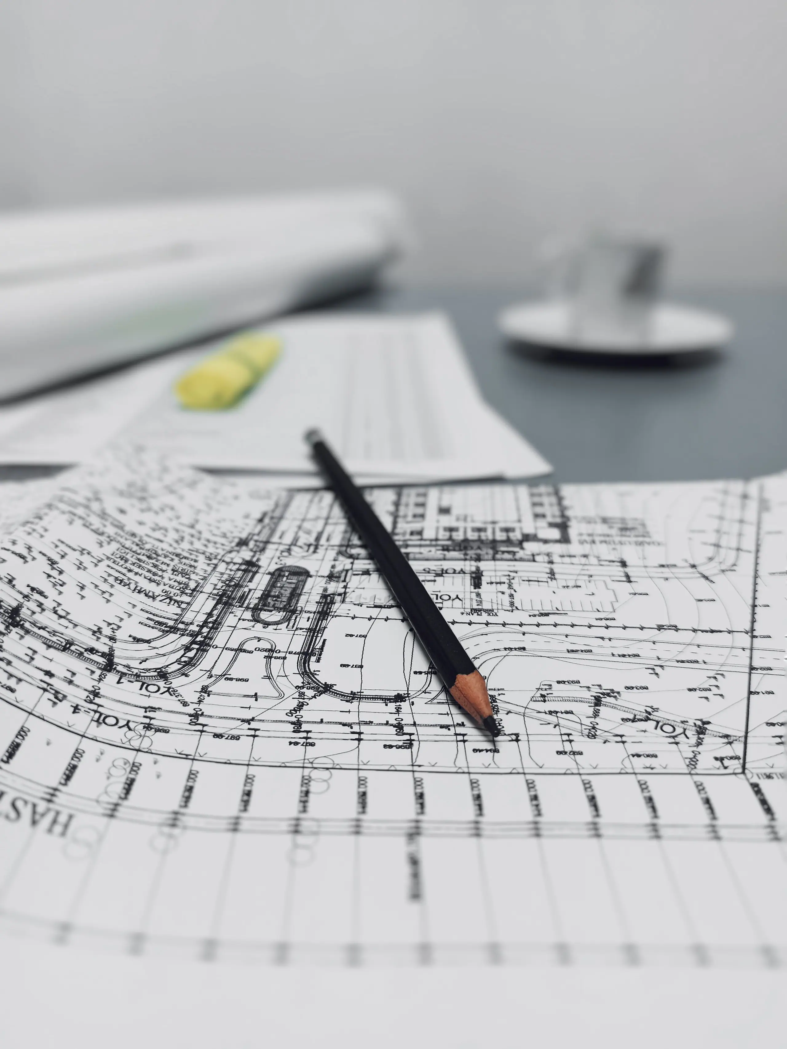 A pencil resting on a detailed architectural drawing