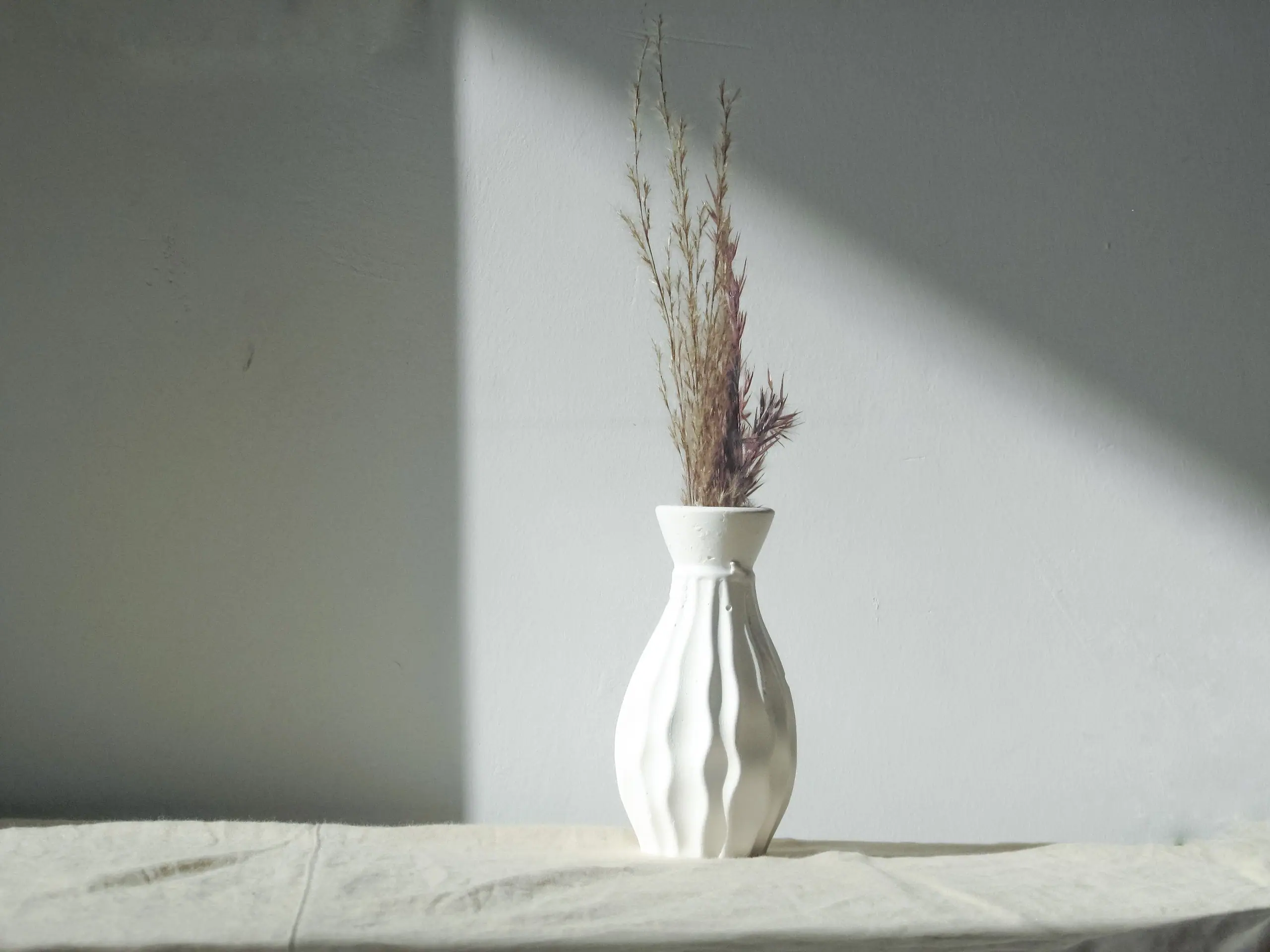 A ceramic vase holding dried grasses in a band of afternoon sun